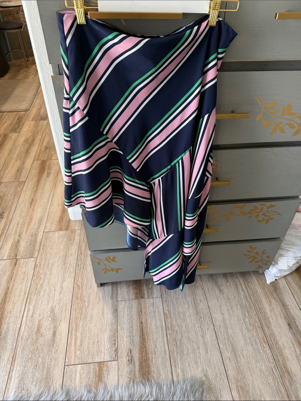 Bar III Navy Asymmetrical Skirt with Pink & Green Stripes